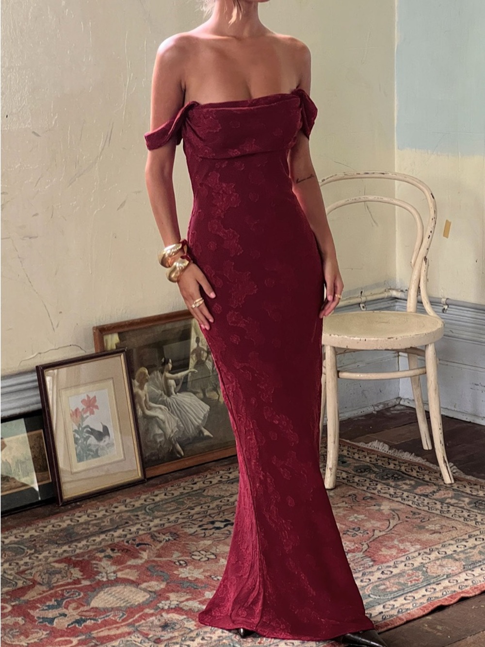 PRINCESS POLLY Azura Off The Shoulder Dress in Burgundy 8